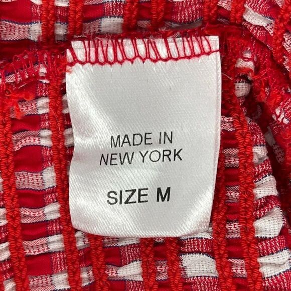 Petersyn Barrett Fitted Smocked Ruffle Mini Skirt Red White Check Linen Medium - Picture 5 of 6